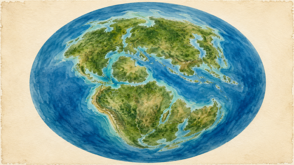 Ilustración didáctica en acuarela del supercontinente Pangea dividiéndose durante el Jurásico Medio. Se aprecia el nacimiento del Océano Atlántico Norte y las masas boscosas de Laurasia y Gondwana en tonos verdes y azules tropicales - mundodinos.com