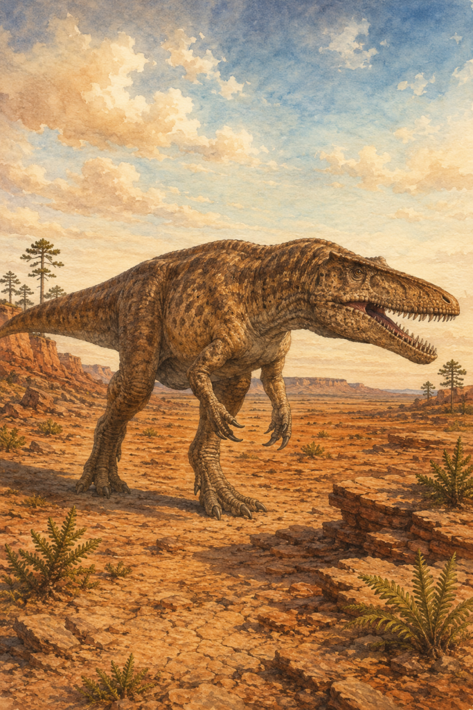 Ilustración en acuarela del Giganotosaurus carolinii adulto
en perfil lateral avanzando por una llanura árida de la
Patagonia cretácica argentina - mundodinos.com