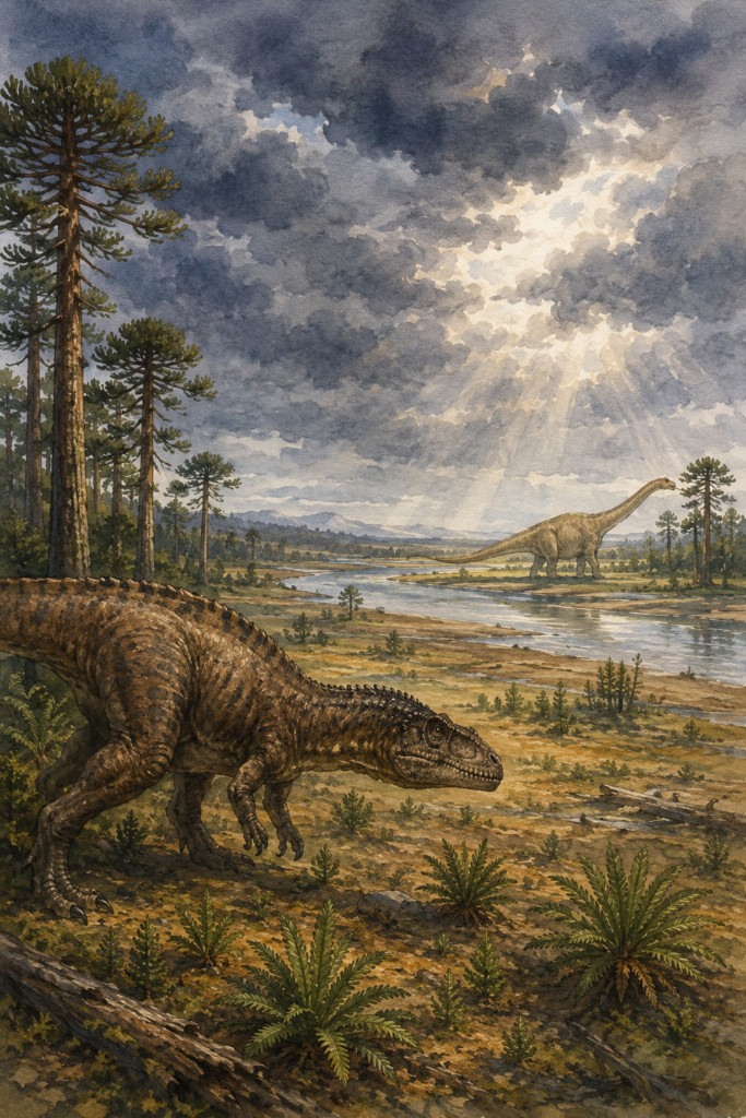 Ilustración en acuarela del Giganotosaurus carolinii acechando a un saurópodo titanosaurio en las llanuras del Cretácico Superior patagónico, mostrando la dinámica depredador-presa de su ecosistema - mundodinos.com