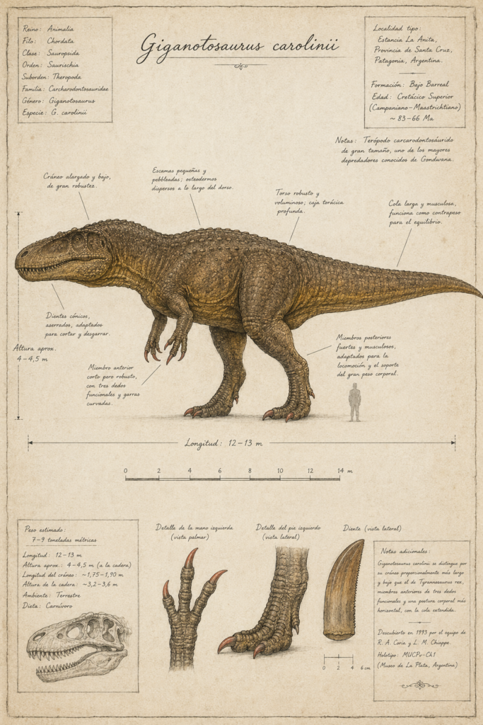 Ilustración anatómica en acuarela del Giganotosaurus carolinii en perfil lateral, mostrando su cráneo masivo, tres garras y cola como contrapeso, con escala humana de referencia - mundodinos.com