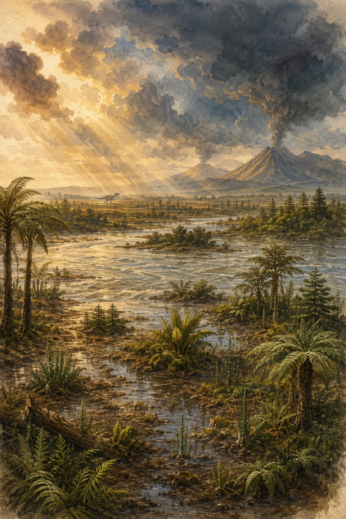 Ilustración en acuarela de las llanuras patagónicas del Cretácico Superior hace 97 millones de años, con vegetación mesozoica, río y volcanes al fondo, mostrando el hábitat del Giganotosaurus carolinii - mundodinos.com