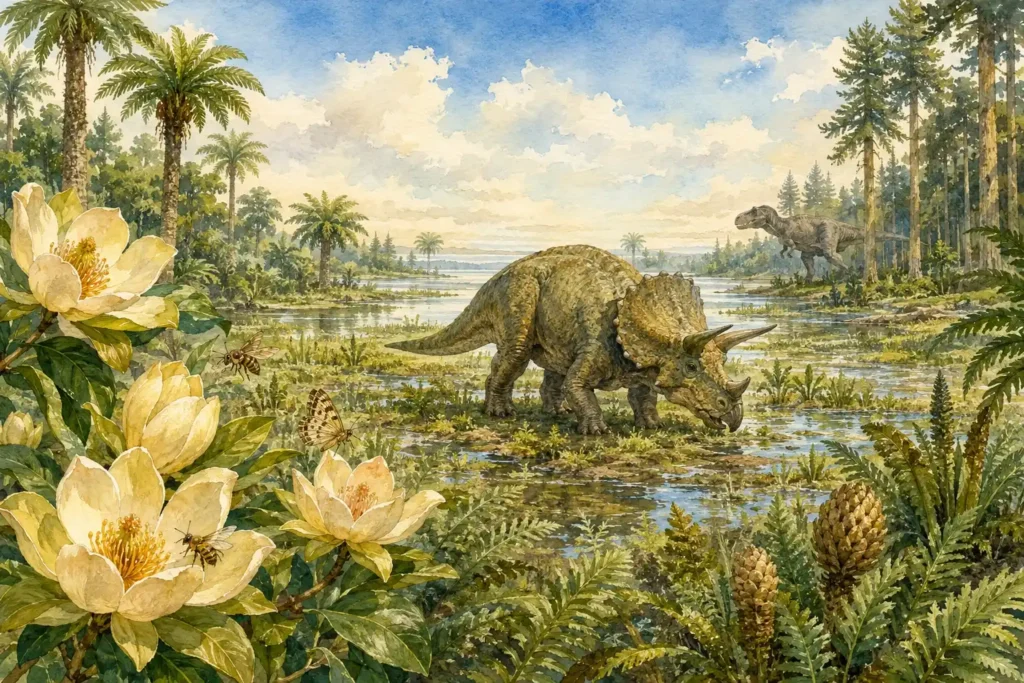 Triceratops pastando tranquilamente. Al fondo, la silueta imponente de un Tyrannosaurus rex observando desde la linde de un bosque, sin actitud agresiva, manteniendo un tono de estudio de la naturaleza.