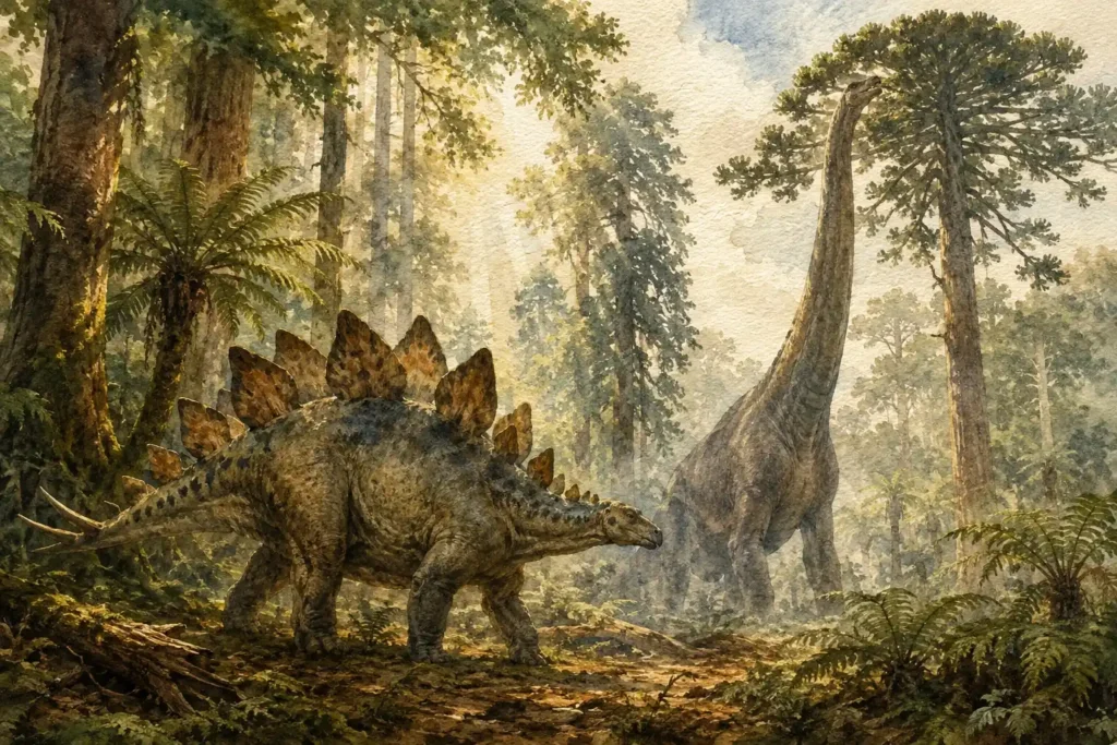 un Stegosaurus de perfil mostrando sus placas dorsales. Al fondo, la silueta colosal de un Brachiosaurus (o Giraffatitan) con el cuello erguido alimentándose de las copas de una araucaria