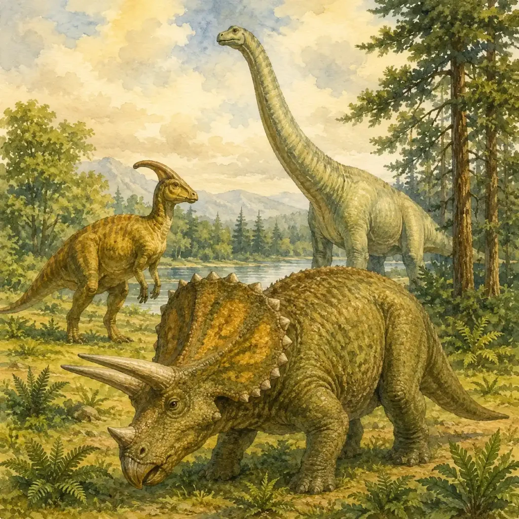 Ilustración en acuarela de tres dinosaurios herbívoros del Cretácico — 
un Triceratops en primer plano, un hadrosáurido bípedo y un saurópodo 
al fondo — en un paisaje prehistórico con lago, helechos y coníferas
