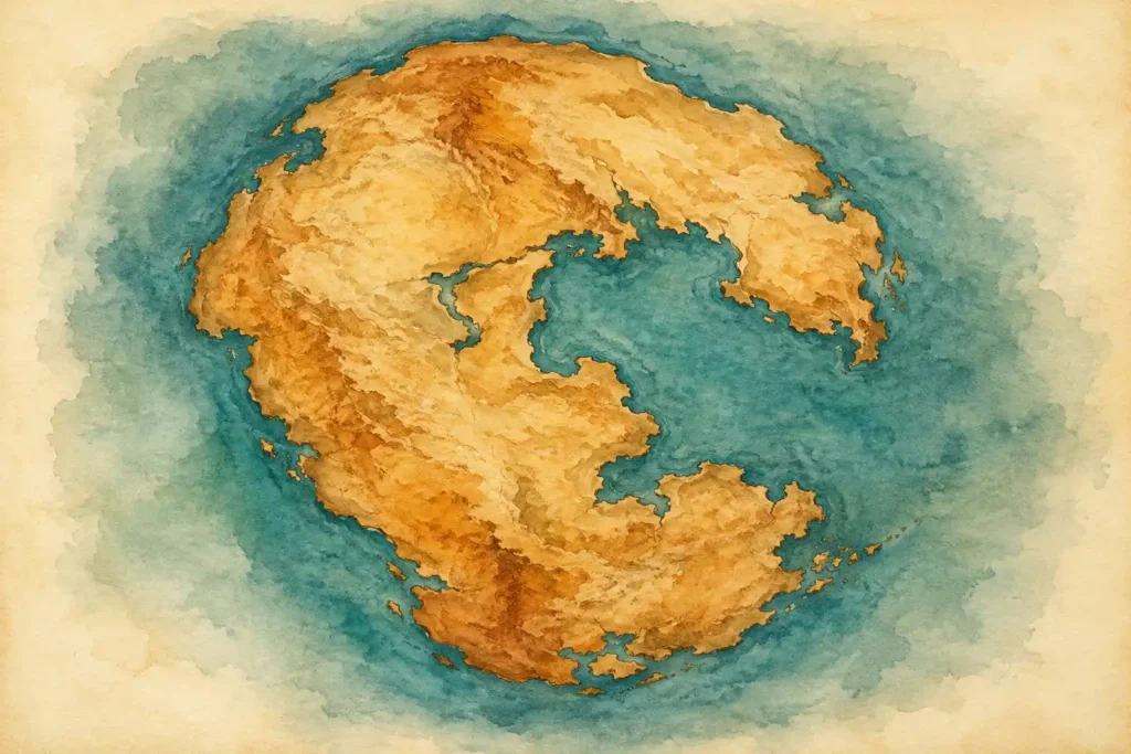 Ilustración en acuarela del supercontinente Pangea con forma de C, rodeado
por el océano Panthalassa y con el mar de Tetis en su interior, tal como
era la Tierra al inicio del período Triásico
