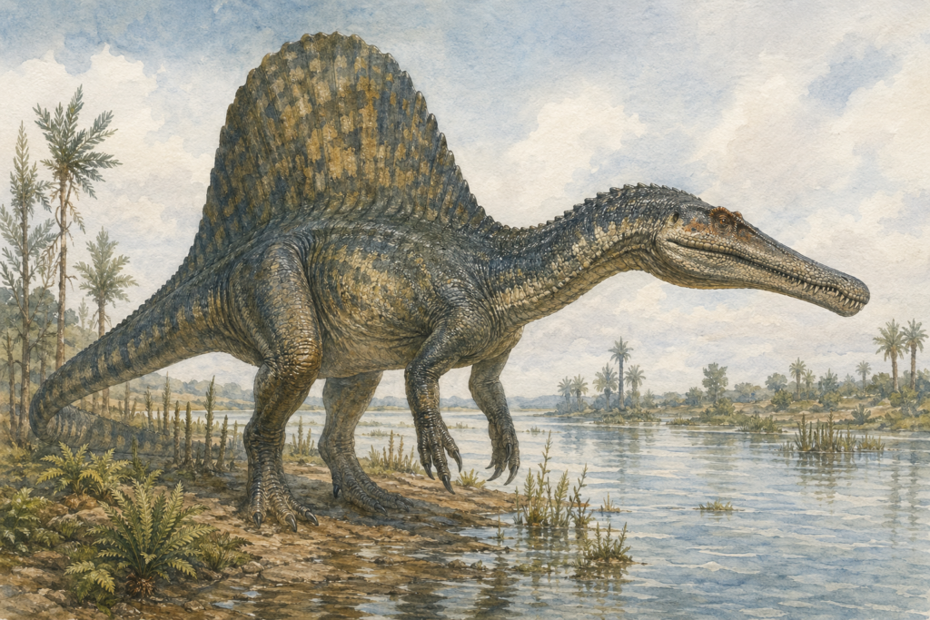 Ilustración técnica en acuarela de un Spinosaurus con su vela dorsal prominente, caminando en un delta fluvial del Cretácico en el norte de África - mundodinos.com