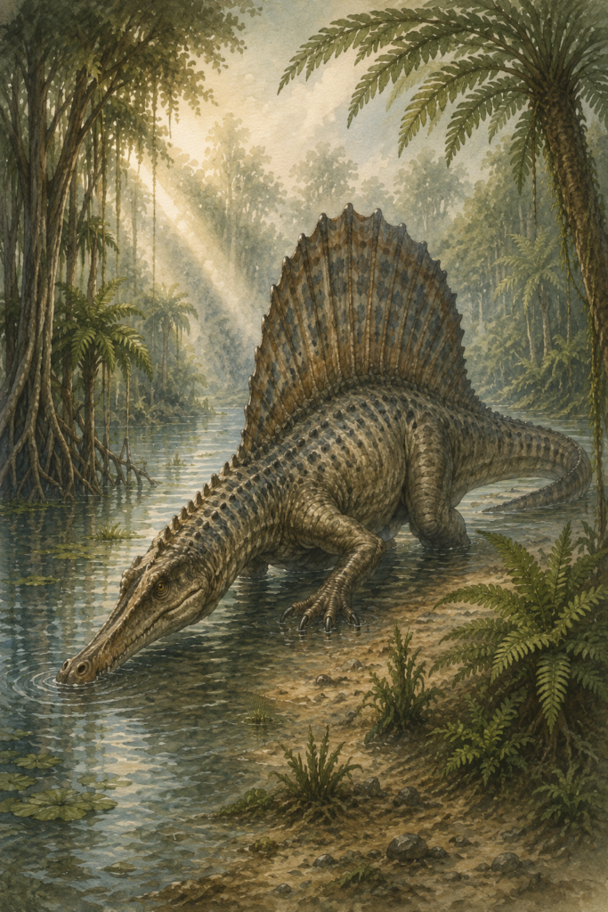 Ilustración en acuarela de un Spinosaurus con su gran vela dorsal y hocico de cocodrilo, caminando por la orilla de un río tropical del periodo Cretácico. Estilo naturalista educativo sobre fondo de papel texturizado - mundodinos.com