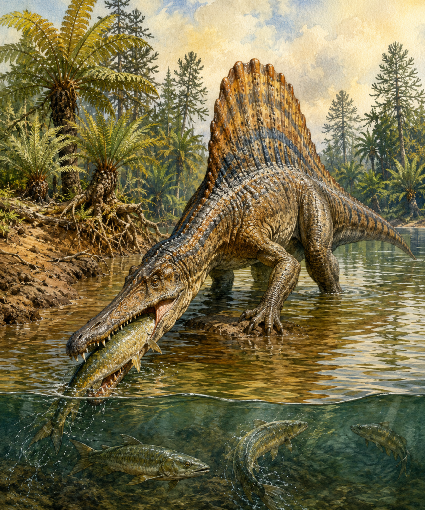 Un Spinosaurus aegyptiacus adulto en plena acción de pesca en un río del Cretácico