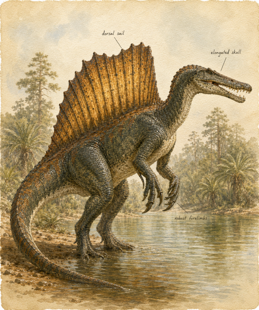 Un Spinosaurus aegyptiacus adulto en postura erguida semibípeda, en perfil lateral casi completo que permita apreciar toda la anatomía - mundodinos.com