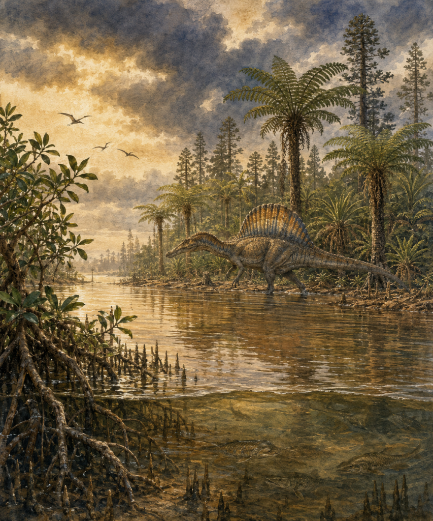 Un Spinosaurus aegyptiacus adulto en segundo o tercer plano, de cuerpo completo pero integrado en el paisaje - mundodios.com