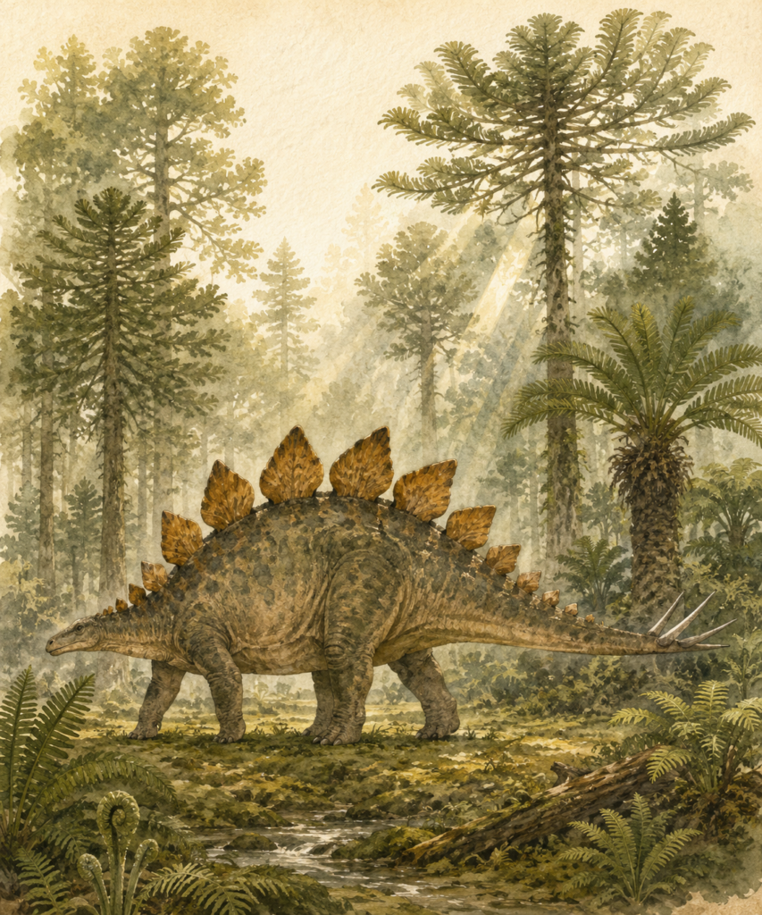 Stegosaurus caminando por un bosque de helechos del Jurásico Superior.