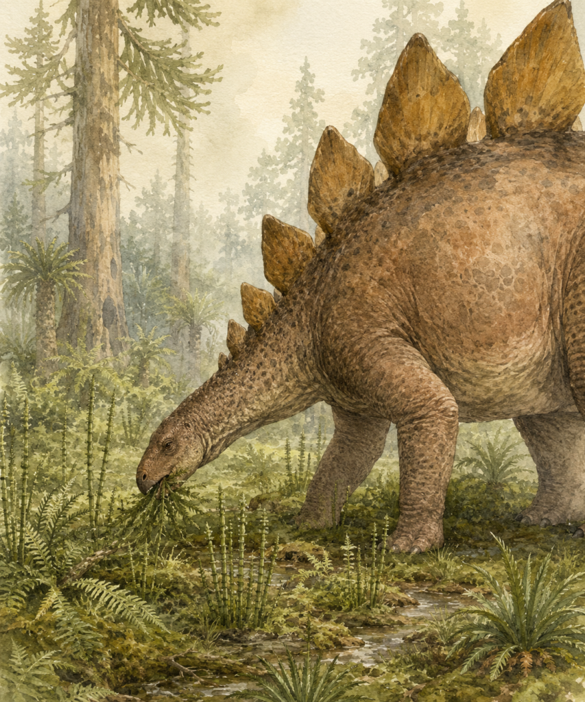 Ilustración en acuarela de un Stegosaurus alimentándose de helechos y musgos en el suelo de un bosque jurásico. Se detalla su cabeza pequeña y su pico adaptado para la vegetación baja en un estilo naturalista didáctico - mundodinos.com