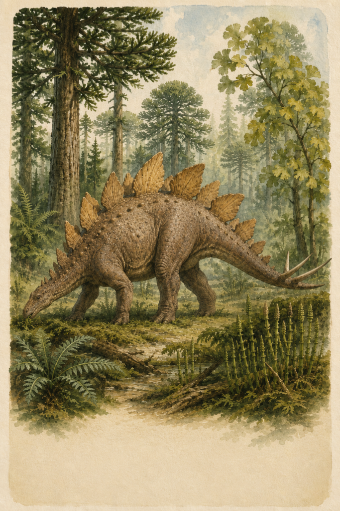 Ilustración en acuarela de un Stegosaurus en un bosque de araucarias. Se destacan sus placas óseas alternadas, su postura inclinada y las cuatro púas defensivas en su cola - mundodinos.com