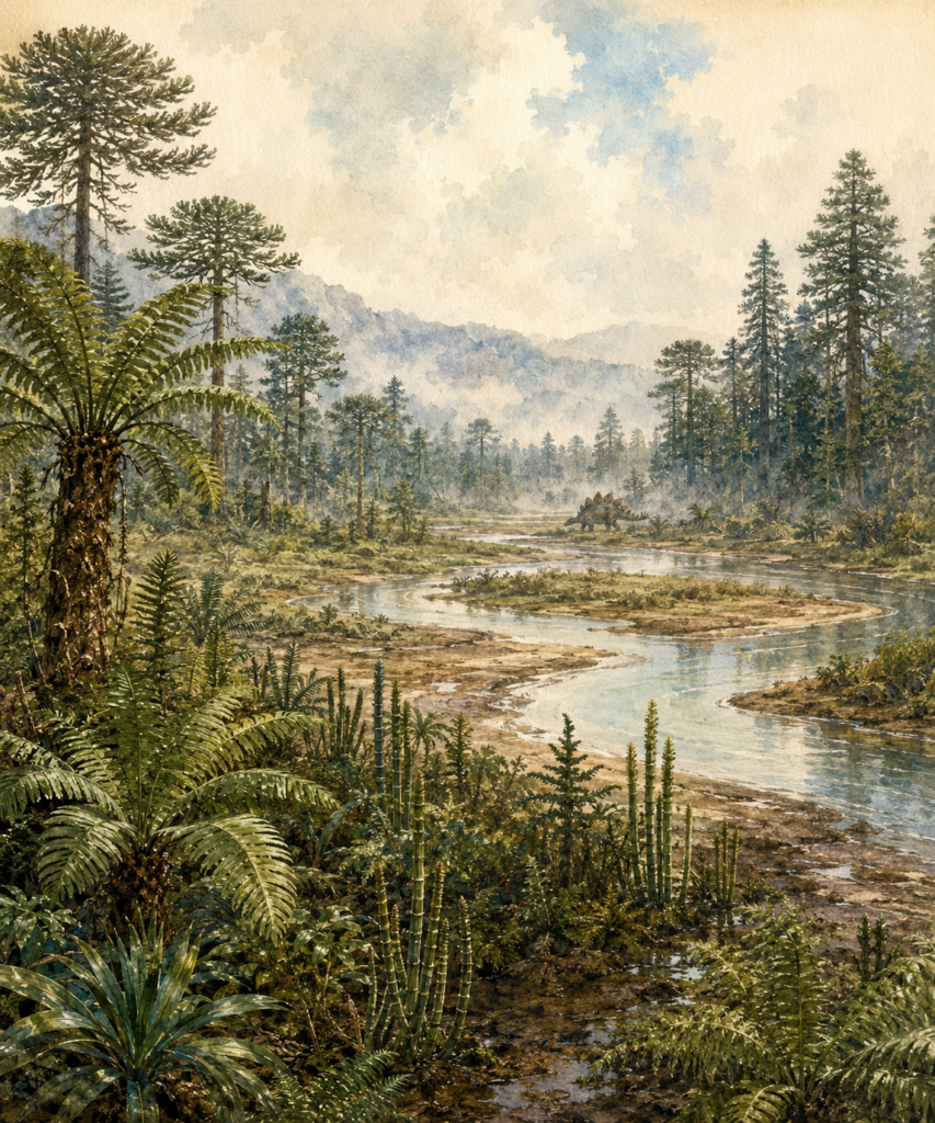 Ilustración técnica en acuarela de un ecosistema del Jurásico Superior con araucarias, helechos y un río. Representa el hábitat cálido y húmedo de Norteamérica y Europa donde vivió el Stegosaurus hace 150 millones de años - mundodinos.com