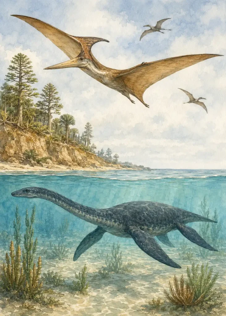 Ilustración en acuarela de pterosaurios volando sobre el mar jurásico y un
plesiosaurio nadando bajo el agua, mostrando la diversidad de reptiles
prehistóricos del Mesozoico