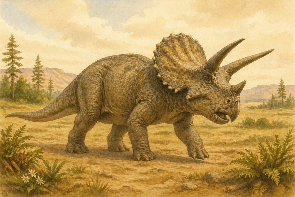Ilustración en acuarela de un Triceratops adulto en un paisaje del Cretácico - mundodinos.com