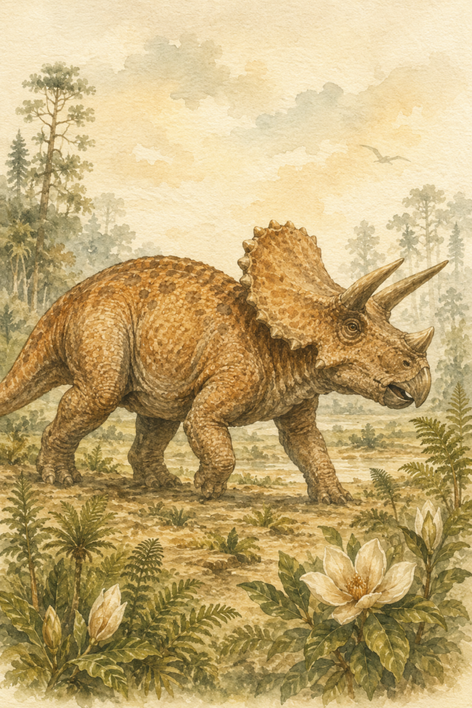 Ilustración en acuarela de un Triceratops adulto en un paisaje del Cretácico con plantas con flores y helechos - mundodinos.com