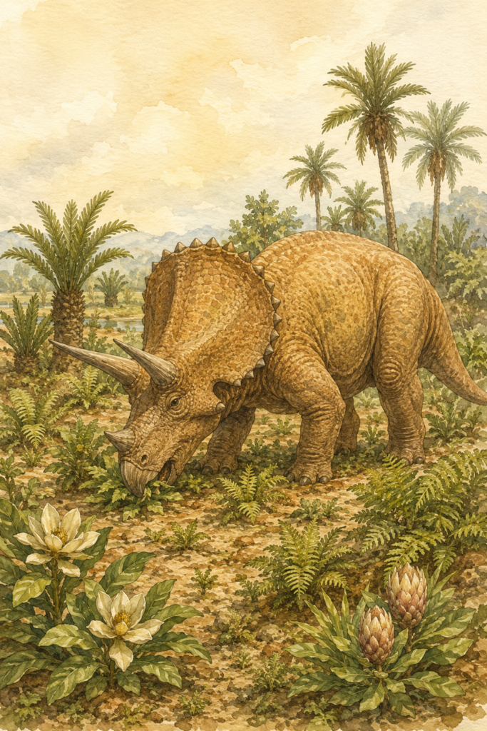 Ilustración en acuarela del Triceratops alimentándose de vegetación baja del Cretácico Superior, mostrando su postura cuadrúpeda y pico córneo en acción - mundodinos.com
