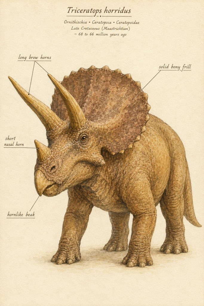 Ilustración científica en acuarela del Triceratops mostrando sus tres cuernos, el escudo óseo del cuello y el pico córneo, con anotaciones anatómicas - mundodinos.com