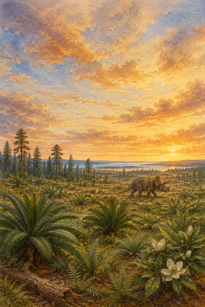 Paisaje del Cretácico Superior con un Triceratops al fondo, rodeado de helechos, cícadas y coníferas, con el mar interior de América del Norte en el horizonte - mundodinos.com