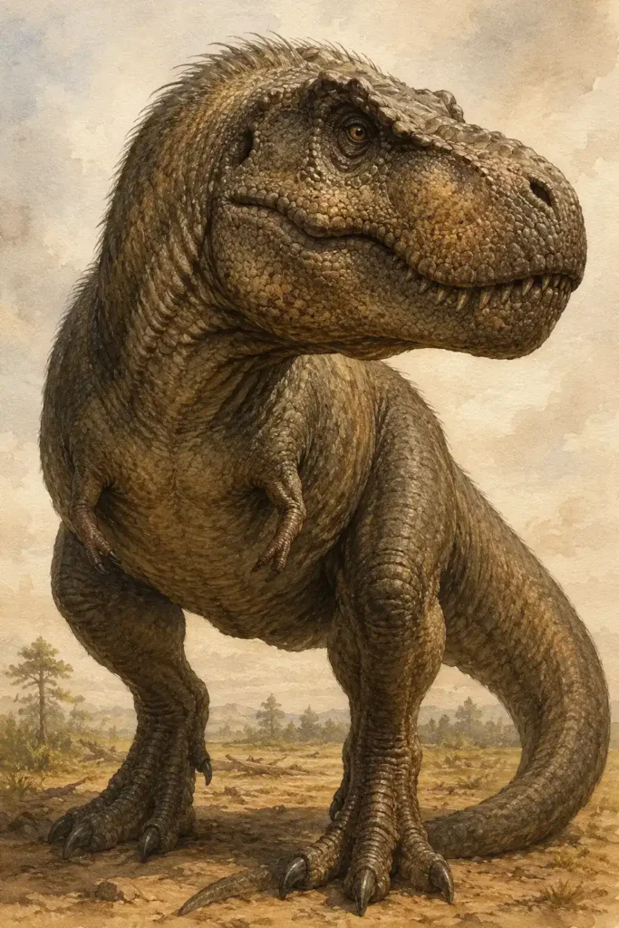 Ilustración en acuarela anatómica del Tyrannosaurus rex destacando 
su cráneo masivo desproporcionado, extremidades delanteras vestigiales 
con solo dos dedos, escamas con posibles filamentos en el cuello según 
evidencia paleontológica reciente, y patas traseras macizas con tres 
garras, rasgos físicos que definen al mayor depredador del Cretácico Superior - mundodinos.com