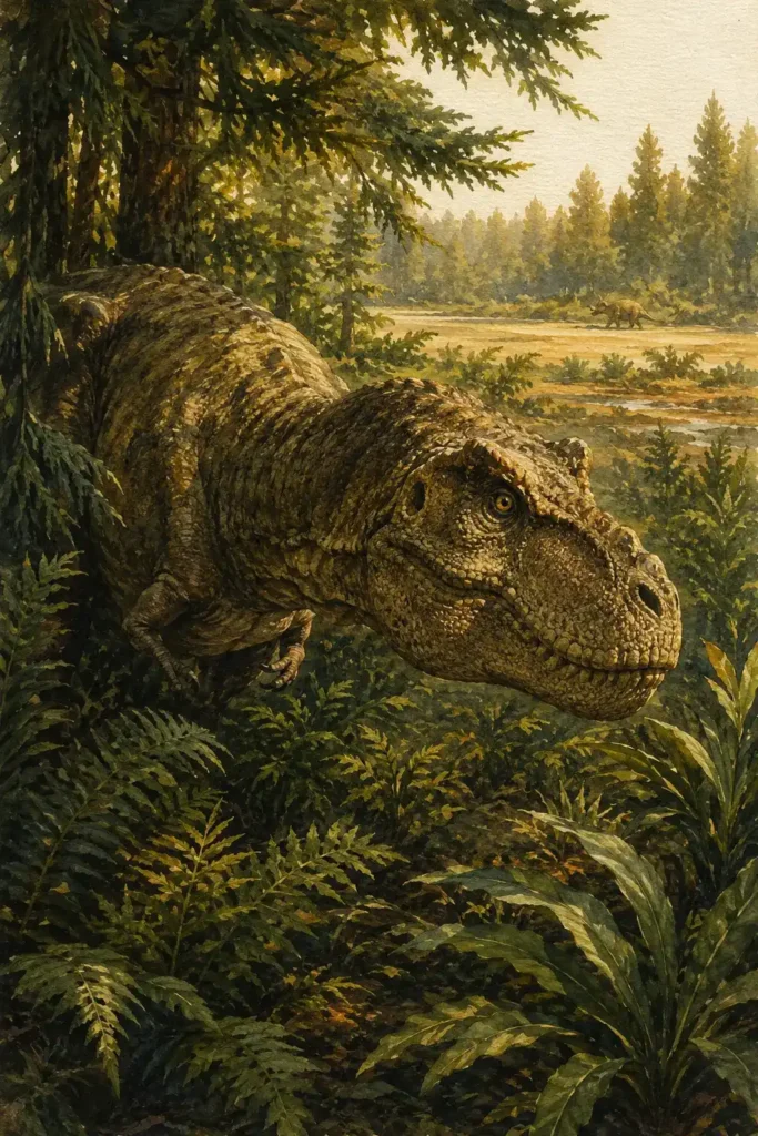 Ilustración en acuarela del Tyrannosaurus rex en postura de acecho 
entre la vegetación del Cretácico Superior, con su mandíbula cerrada 
y musculada lista para una mordida de hasta 15 centímetros de diente, 
representando el debate científico entre depredador activo en emboscada 
y carroñero oportunista en la cima de la cadena alimenticia mesozoica - mundodinos.com