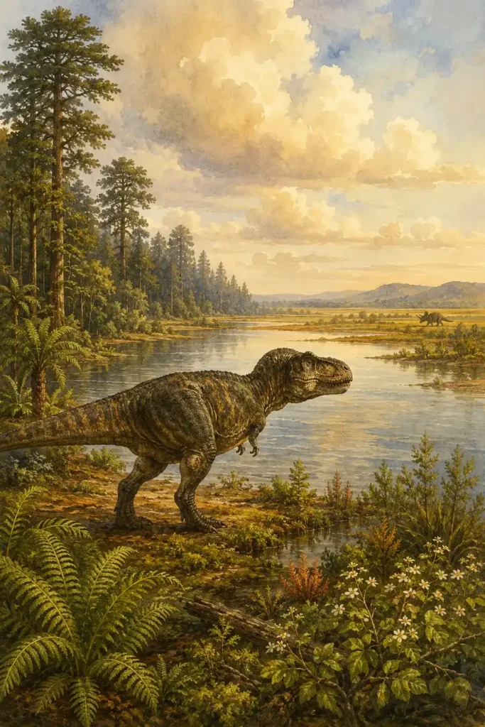 Ilustración en acuarela del hábitat del Tyrannosaurus rex en el 
Cretácico Superior de Norteamérica occidental hace 66 millones de años: 
un paisaje variado de bosques, llanuras aluviales y mares interiores 
con vegetación de angiospermas y coníferas, el entorno diverso que 
sustentó a los grandes herbívoros de los que se alimentaba