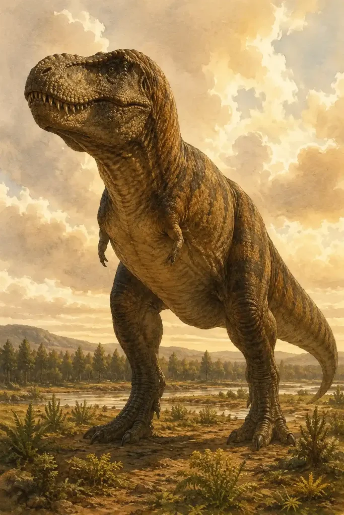 Ilustración en acuarela del Tyrannosaurus rex, depredador ápice del 
Cretácico Superior, mostrando su cráneo masivo diseñado para triturar 
huesos, dientes de hasta 15 centímetros y proporciones colosales de 
hasta 13 metros de longitud, en una llanura aluvial de Norteamérica 
hace 66 millones de años