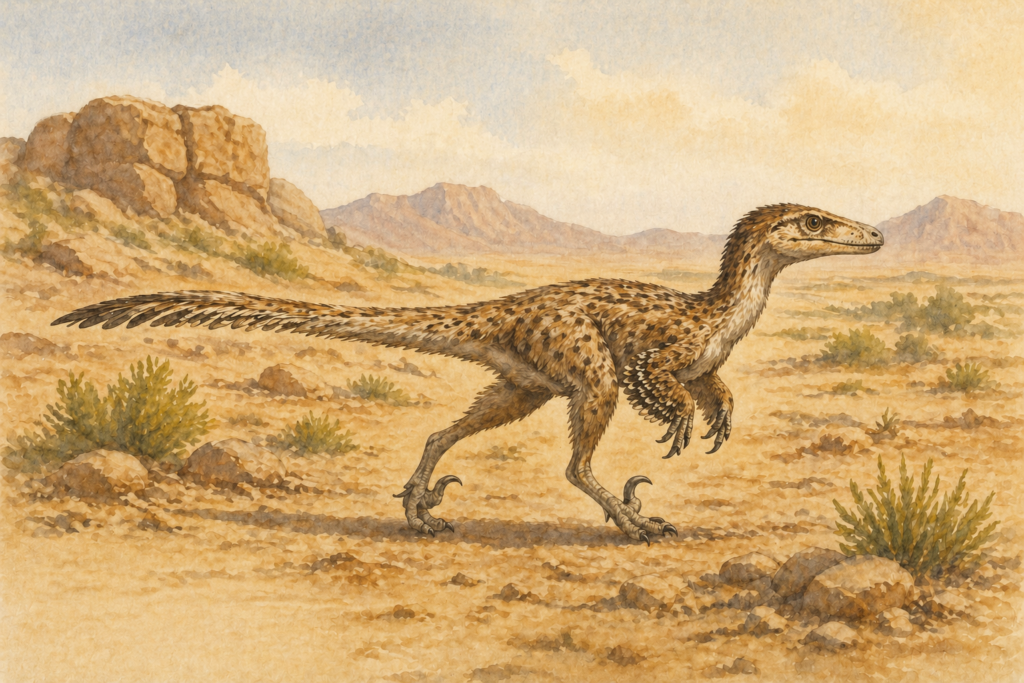 Ilustración en acuarela de un Velociraptor emplumado caminando por el desierto del Gobi - mundodinos.com