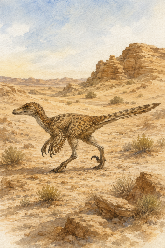 Ilustración en acuarela de un Velociraptor emplumado caminando por el desierto del Gobi - mundodinos.com