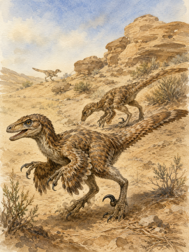 Ilustración en acuarela de un grupo de Velociraptores emplumados en el Desierto del Gobi - mundodinos.com