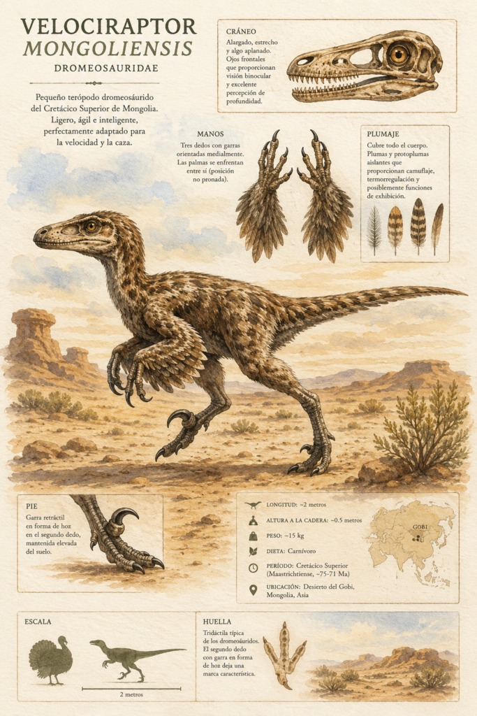lustración en acuarela de un Velociraptor mongoliensis del tamaño de un pavo, cubierto de plumas naturales y mostrando su garra en hoz - mundodinos.com