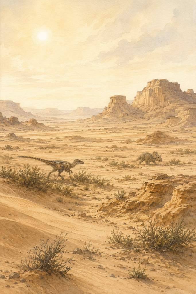 Ilustración técnica en acuarela de un paisaje desértico del Cretácico Superior en Mongolia - mundodinos.com