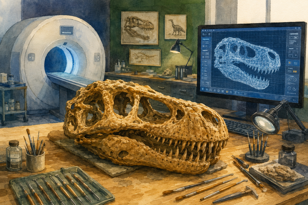 Laboratorio moderno de paleontología con tomografía computarizada y modelo 3D de cráneo de dinosaurio - mundodinos.com