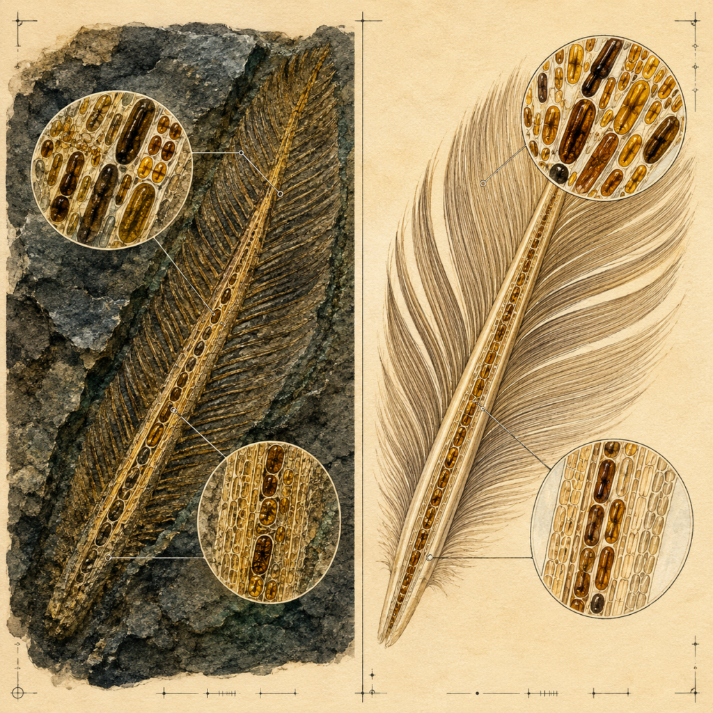 Melanosomas en pluma fósil de dinosaurio emplumado comparados con pluma de ave moderna - mundodinos.com