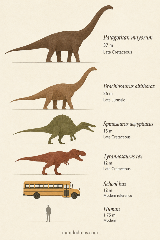 Infografía comparativa de tamaños de los dinosaurios más grandes frente a un humano y un autobús - mundodinos.com