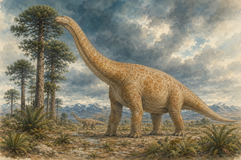 Ilustración de los dinosaurios más grandes de la historia: titanosaurios en la Patagonia del Cretácico - mundodinos.com