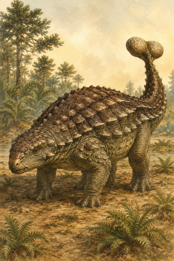 Ilustración científica en acuarela del Ankylosaurus magniventris de cuerpo completo, mostrando su armadura dorsal de osteodermos y el mazo óseo en la cola, sobre fondo de vegetación del Cretácico - mundodinos.com