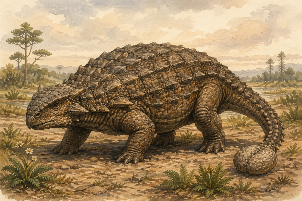 Ilustración científica en acuarela del Ankylosaurus magniventris de cuerpo completo, mostrando su armadura dorsal de osteodermos y el mazo óseo en la cola, sobre fondo de vegetación del Cretácico - mundodinos.com