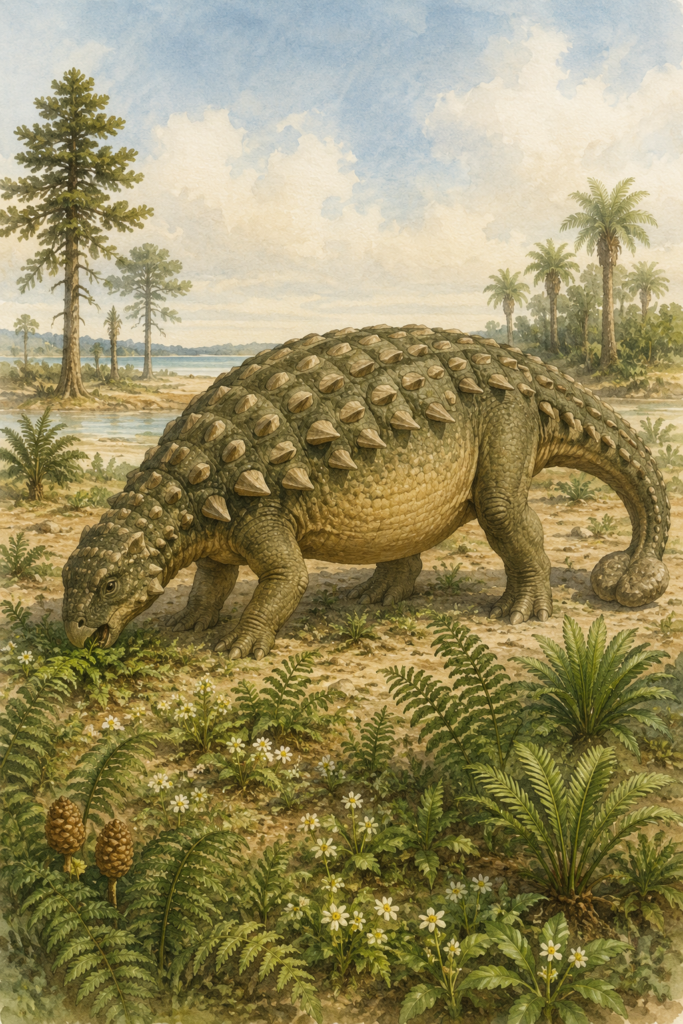Ilustración en acuarela del Ankylosaurus magniventris alimentándose de helechos y plantas con flores a ras del suelo en un paisaje del Cretácico Superior norteamericano - mundodinos.com