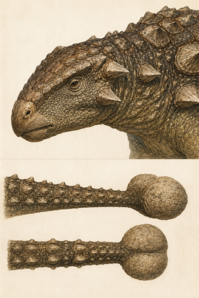 Lámina anatómica en acuarela del Ankylosaurus con detalle de párpados óseos y cuernos craneales en panel superior, y estudio del mazo caudal de osteodermos fusionados en panel inferior - mundodinos.com