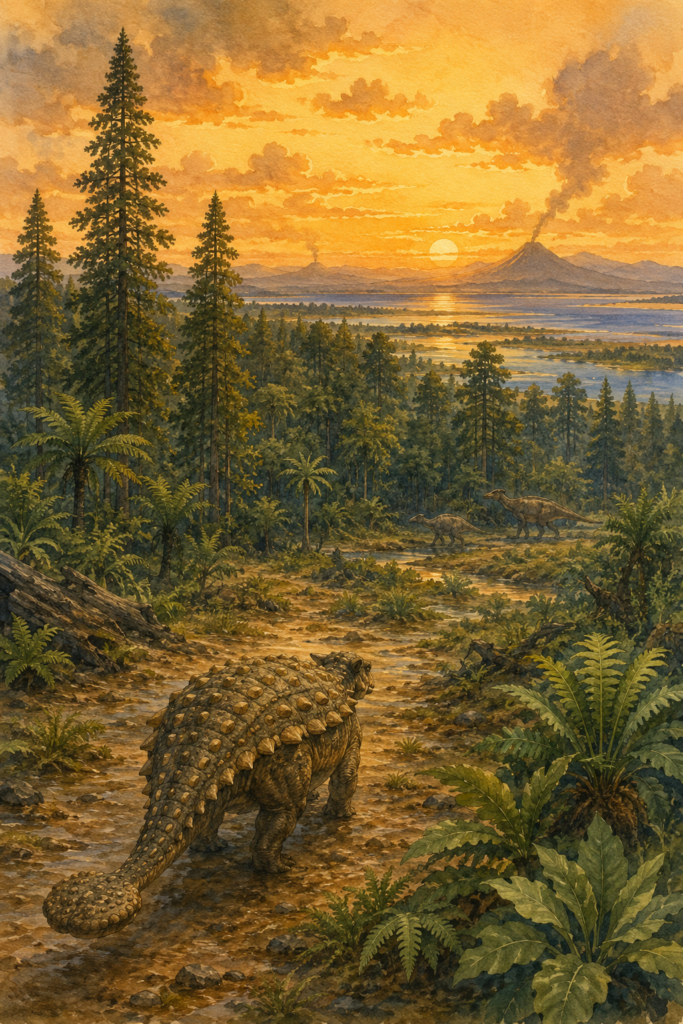 Paisaje en acuarela del Cretácico Superior norteamericano con un Ankylosaurus caminando por una llanura inundable rodeada de cicadas, coníferas y angiospermas, con un estuario al fondo - mundodinos.com