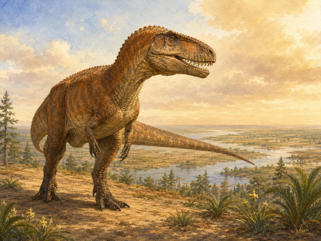 Ilustración científica del Carcharodontosaurus saharicus en postura de alerta, rodeado de vegetación del Cretácico Superior en el norte de África