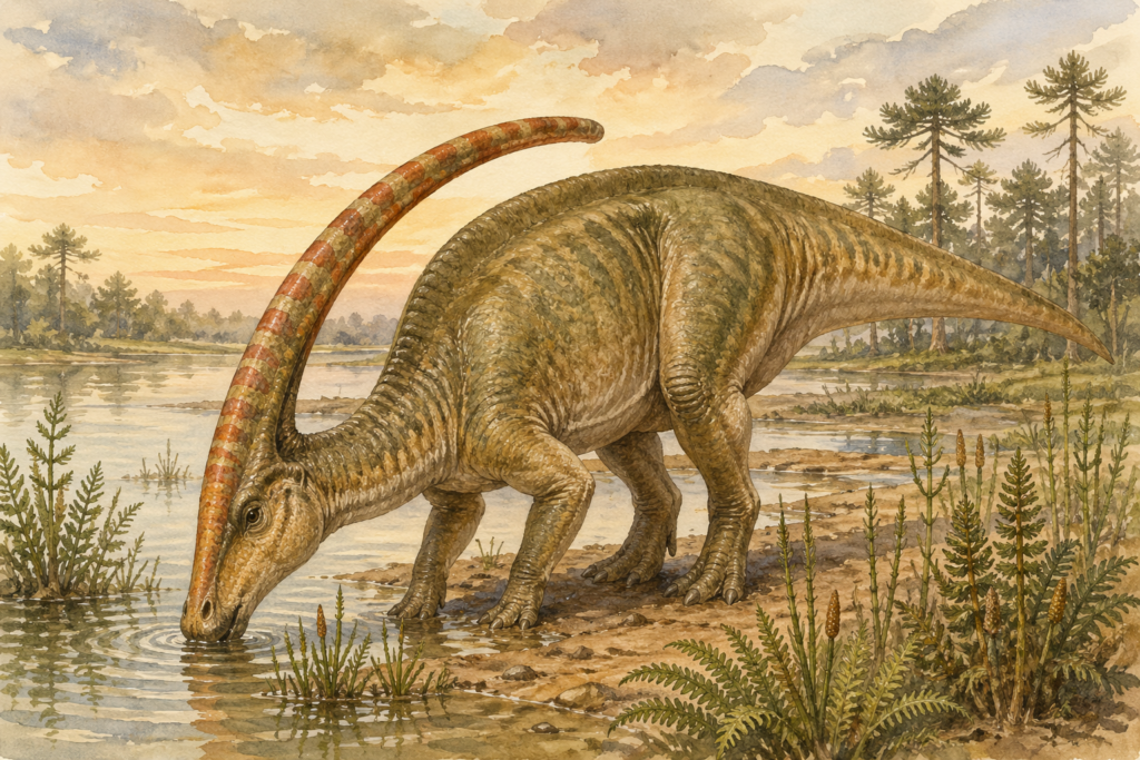 Ilustración naturalista del Parasaurolophus en postura cuadrúpeda, con su característica cresta tubular proyectada hacia atrás, en un paisaje húmedo del Cretácico Superior
