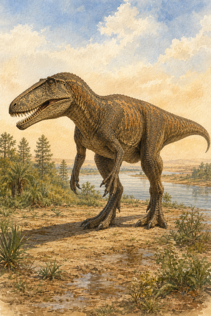 carcharodontosaurus Ilustración del Carcharodontosaurus saharicus en postura de alerta, rodeado de vegetación del Cretácico Superior en el norte de África - mundodinos.com