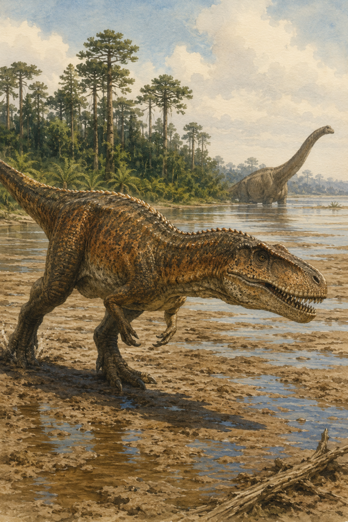 carcharodontosaurus-alimentacion Carcharodontosaurus saharicus en postura de caza en una llanura inundable del Cretácico, con un titanosaurio saurópodo visible al fondo en las llanuras africanas - mundodinos.com