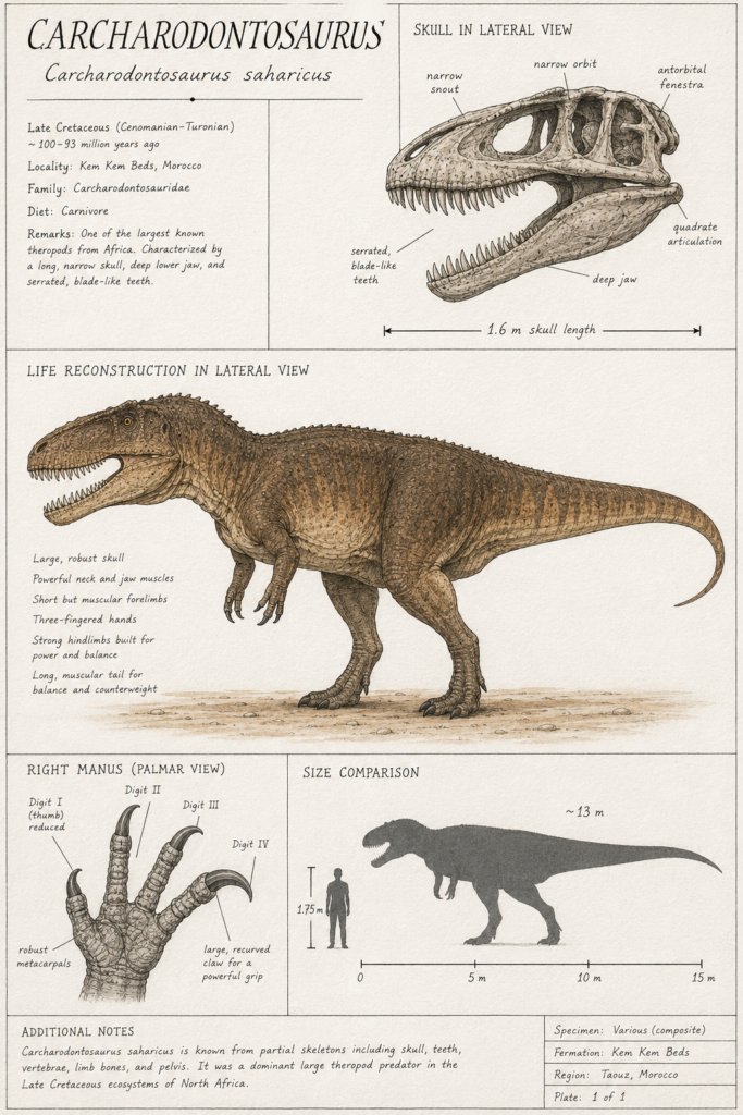 carcharodontosaurus-caracteristicas-fisicas Lámina científica del Carcharodontosaurus, detalle del cráneo de 1,6 metros, vista de la mano y comparativa de escala junto a una silueta humana - mundodinos.com