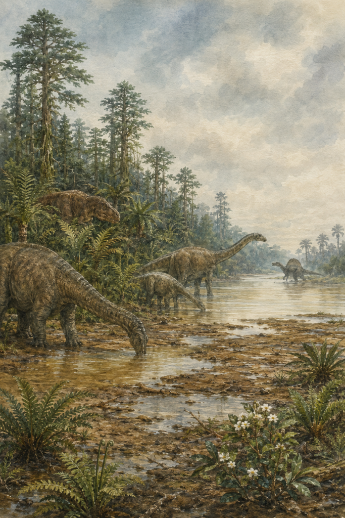 carcharodontosaurus-habitat-y-epoca HábitatPaisaje del delta africano del Cretácico Superior con un Carcharodontosaurus acechando entre la vegetación, saurópodos al fondo y la silueta de un Spinosaurus cerca del río - mundodinos.com