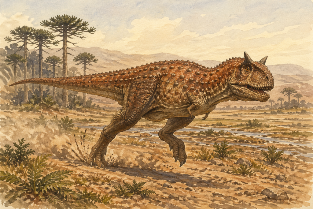 Carnotaurus corriendo en un paisaje del Cretácico - mundodinos.com