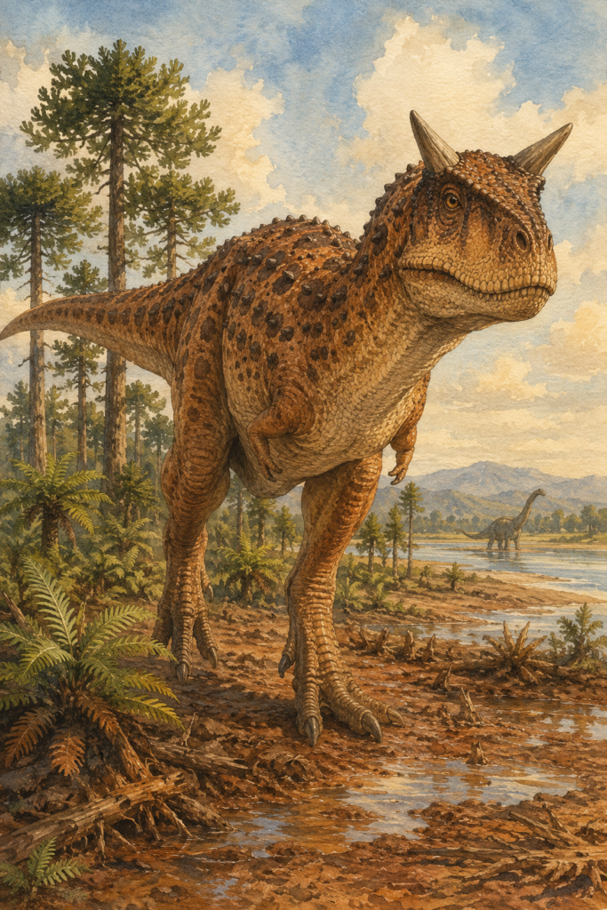 Ilustración en acuarela del Carnotaurus sastrei en su hábitat de la Patagonia durante el Cretácico Superior - mundodinos.com